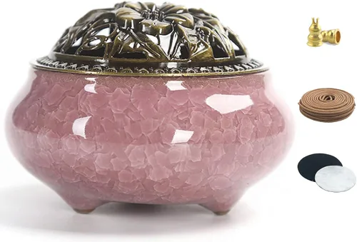 Quemador de incienso de cerámica con soporte de incienso de calabash, 3 en 1, palo o bobina de cono, quemador de incienso con tapa de latón para