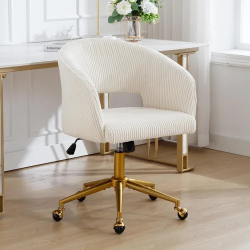 Miniatura 23 de ABET Silla de escritorio con ruedas, silla de terciopelo para oficina en casa, sillón giratorio con base dorada, sillas decorativas modernas Crema