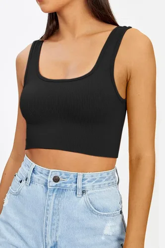 Miniatura 2 de CHYRII Paquete de 3 camisetas de verano para mujer, cuello cuadrado, acanaladas, básicas, sin mangas