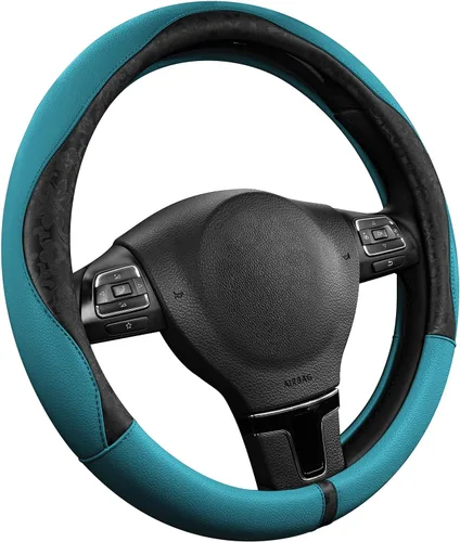 Miniatura 23 de PIC AUTO Funda para volante, diseño de retazos de cuero estampado negro, ajuste universal de 14.5 a 15.5 pulgadas, antideslizante, sin olor, piel