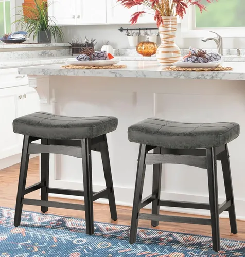 Miniatura 21 de Taburetes de bar PHI VILLA - Taburetes de bar con patas de madera maciza a la altura del mostrador con asiento de sillín tapizado, taburetes