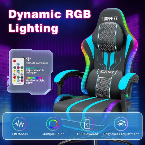 Miniatura 5 de HOFFREE Silla LED para juegos con altavoces, silla de computadora grande y alta con luces RGB, silla de juego Bluetooth con reposapiés, sillas