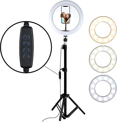 Aduro Anillo de luz U-Stream con trípode de soporte, anillo de luz para selfie de 10 pulgadas para iPhone con trípode y soporte para teléfono para