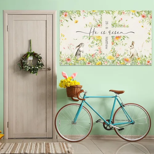 Miniatura 7 de Moukeren Decoraciones de telón de fondo de Pascua con texto en inglés «He is resucitado», pancarta de fotografía con cruz de Jesús, fondo de flores