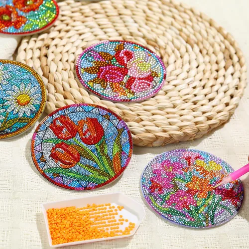 Miniatura 4 de 8 PCS Juego de Posavasos de Arte de Diamantes con Flores, Juego de 8 Posavasos de Pintura de Diamantes con Soporte, Posavasos para Bebidas DIY