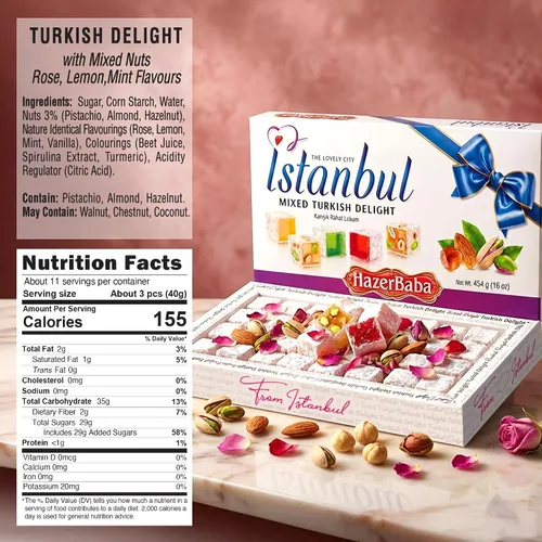 Miniatura 3 de Hazer Baba Delicia Turca de Dulces Lokum, Nueces Mixtas con Sabores de Rosa, Limón y Menta, Caja de Snacks Gourmet, Tradicional, Vegana, Lokum