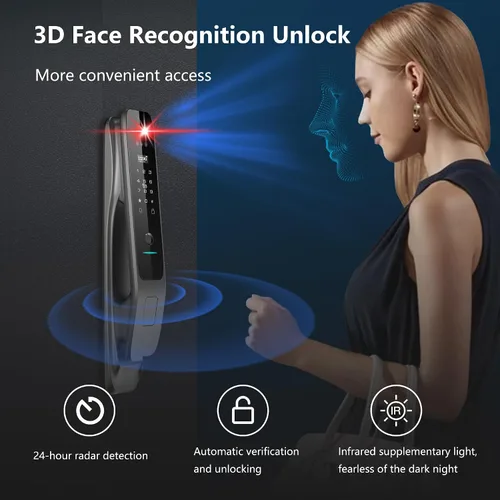 Miniatura 3 de Cerradura inteligente de reconocimiento facial 3D con cámara, cerradura de puerta de vena de palma, cerradura inteligente de mortaja de huellas