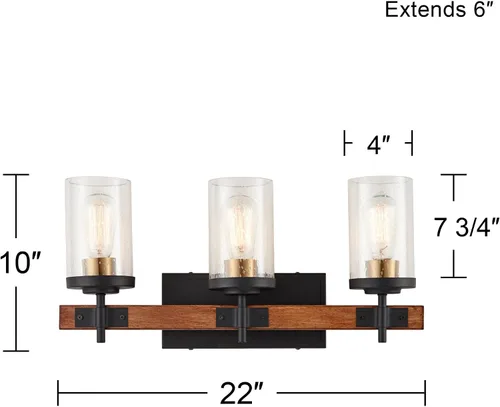 Miniatura 4 de Possini Euro Design Kata Farmhouse - Lámpara de pared rústica de madera sintética negra con cable de 22 pulgadas, 3 lámparas, cristal cilíndrico