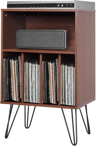 Tangkula Record Player Stand, Turntable Stand with Metal Legs, Vinyl Record Storage Cabinet w/ 5 Open Shelves Holds up to 150 Albums for Living Room