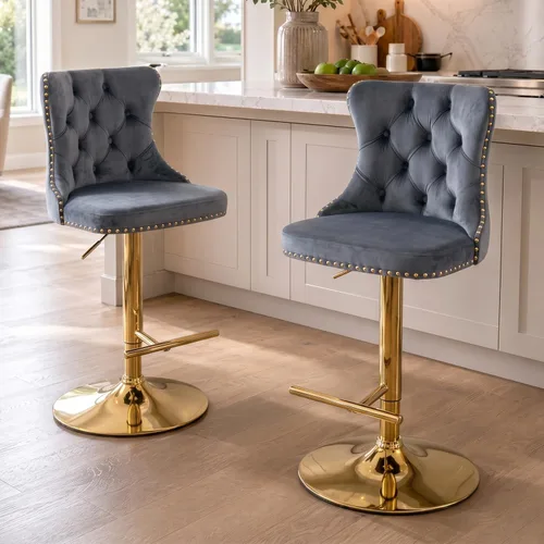 Miniatura 50 de SoarFlash Juego de 2 taburetes de bar tapizados de terciopelo moderno con patas de madera, botones acolchados, cabeza de clavo cromada, asiento
