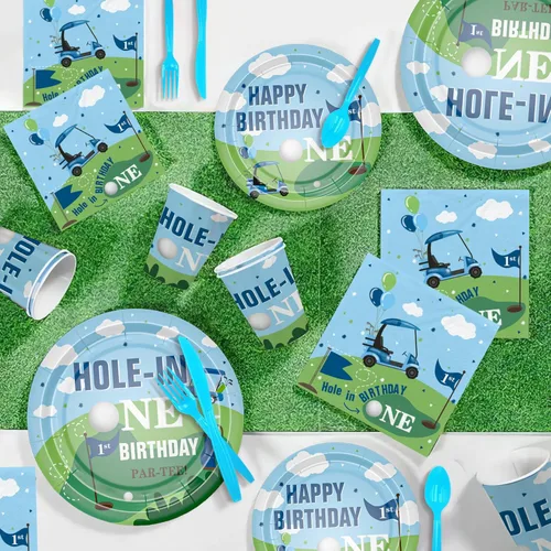 Miniatura 5 de Xigejob Suministros para fiesta de primer cumpleaños de golf, vajilla de decoración de cumpleaños con agujero en uno, plato de papel de golf, taza