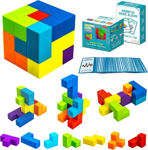 Bloques de construcción magnéticos, cubos magnéticos 3D para rompecabezas, juego de 7 bloques magnéticos de múltiples formas con 54 tarjetas guía