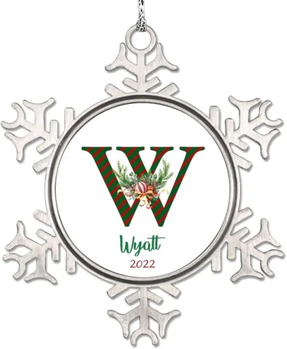 Miniatura 28 de Monograma inicial letra A copo de nieve, adorno de bayas de pino de Navidad para decoración de árbol de Navidad, adornos de Navidad personalizados