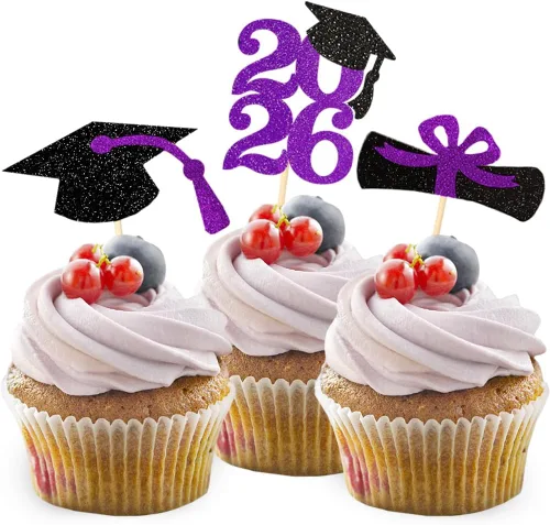 Miniatura 8 de Decoración para cupcakes de graduación con purpurina azul 2026, selecciones de alimentos/aperitivos, suministros de fiesta de graduación de 2026