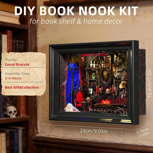 Miniatura 5 de Kit de rincón de libros, rompecabezas de madera 3D con control de interruptor LED y marco para montar en pared, casa en miniatura