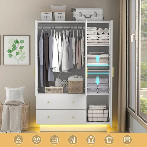 Miniatura 3 de Armario de 3 puertas con espejo, armario LED con puertas y cajones, armario de almacenamiento de madera con barra para colgar, estantes ajustables