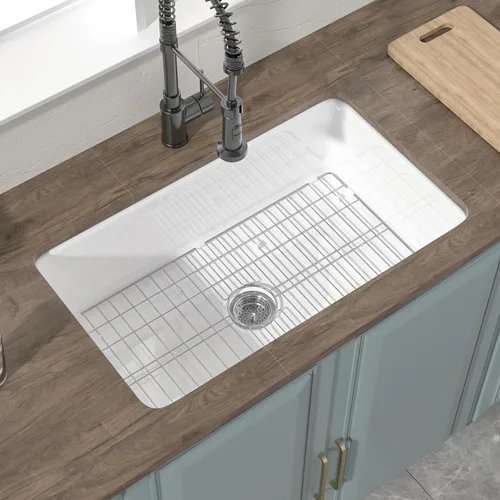 Miniatura 11 de Fregadero de cocina de arcilla refractaria de 24 x 18.5 pulgadas, color blanco Para cocina o lavandería, cuenco individual de arcilla refractaria