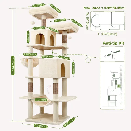 Miniatura 6 de Globlazer - Torre para gatos de 76 pulgadas, mueble multinivel extra alto con acogedores condominios, hamaca y posaderos para gatos adultos