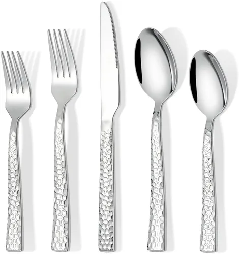 Miniatura 7 de Juego de cubiertos de 20 piezas de acero inoxidable martillado para 4, juego de cubiertos de cocina incluye tenedores y cucharas, cuchillos, acabado