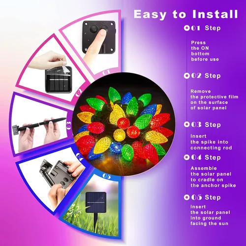 Miniatura 9 de ITICdecor C7 - Guirnalda de luces solares de fresa, 31 pies, 50 luces LED coloridas IP65, impermeable, encendido/apagado automático, cable verde