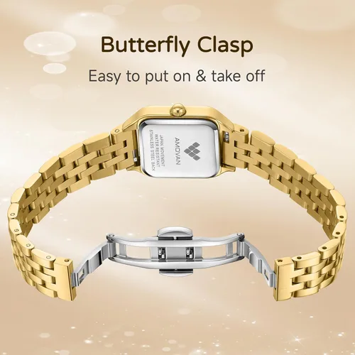 Miniatura 3 de Relojes dorados para mujer, pulsera pequeña, esfera de números arábigos, correa de acero inoxidable, caja rectangular de cuarzo para mujer, reloj
