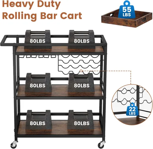 Miniatura 8 de Leteuke Carrito de Bar para el Hogar, Carro de Servicio con Ruedas de 3 Niveles en Negro, Carro de Bebidas, Soporte de Licores con Bandeja