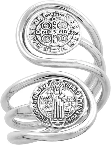 Anillo de plata de ley San Benito para mujer, envuelto en alambre, 2 medallas Bypass hecho a mano de 1 1/4 pulgadas de largo, tallas 6-10
