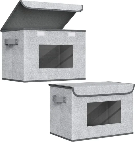 Miniatura 22 de Univivi Cajas de almacenamiento plegables de tela con tapas para ropa, [paquete de 3] cajas organizadoras de armario con asas para el hogar, Beige