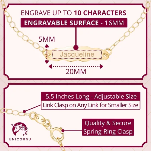 Miniatura 20 de UNICORNJ Pulsera de identificación de oro de 14 quilates grabable para niñas, niños y bebés, pulseras personalizadas con nombre de cadena Figaro