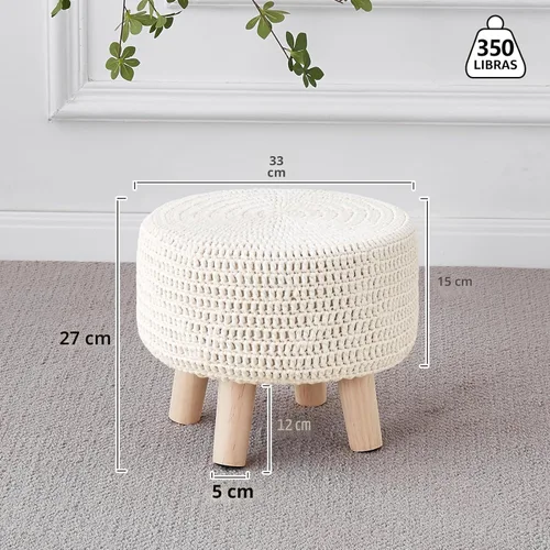 Miniatura 3 de Wimarsbon Puf otomano, taburete bohemio de punto 100% algodón, reposapiés redondo con patas de madera antideslizantes, decoración del hogar, puf