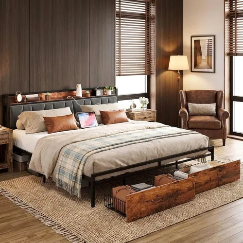 Miniatura 5 de LIKIMIO Base de cama tamaño King, cabecera de almacenamiento con estación de carga, cama de plataforma con cajones, no necesita somier, fácil Marrón