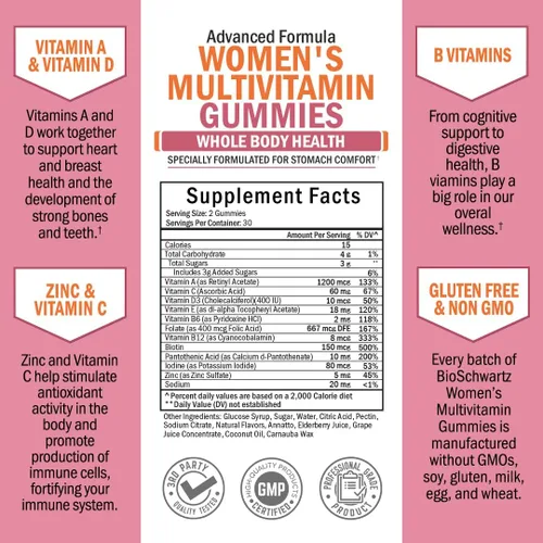 Miniatura 4 de Gomitas multivitamínicas para mujer con vitamina A, C, B6, B12, vitaminas D y E para apoyo inmunológico, multivitamínico gomoso para mujeres