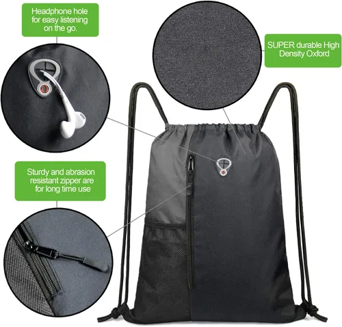 Miniatura 5 de Mochila con cordón, con estilo deportivo, bolsa de gimnasio para mujeres, hombres y niños, bolsa de gran tamaño con zíper y bolsillos de malla