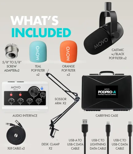 Miniatura 8 de Movo Paquete portátil de equipo de podcast para iPhone/teléfonos Android - Kit de podcast con interfaz de audio, 2 micrófonos dinámicos CastMic, 2