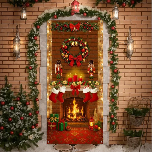 Miniatura 12 de Buryeah Decoración de puerta de Navidad, cubierta de puerta de chimenea de Navidad, pancarta de cascanueces de Navidad, telón de fondo, soporte