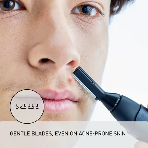 Miniatura 5 de Recortador de vello facial Panasonic para piel sensible, detalle unisex con cabezal flexible, suave para el acné, incluye 2 accesorios para cejas