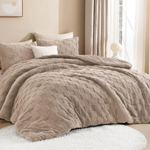 Miniatura 17 de Litanika - Juego de edredón esponjoso tamaño individual color beige, 3 piezas, ropa de cama de sherpa de felpa cálida para invierno, juego de cama