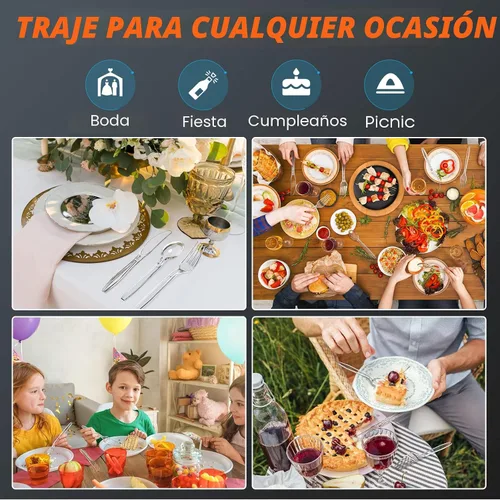 Miniatura 6 de Juego de 360 piezas de cubiertos de plástico plateado resistente, 120 tenedores, 120 cucharas, 120 cuchillos, cubiertos desechables plateados