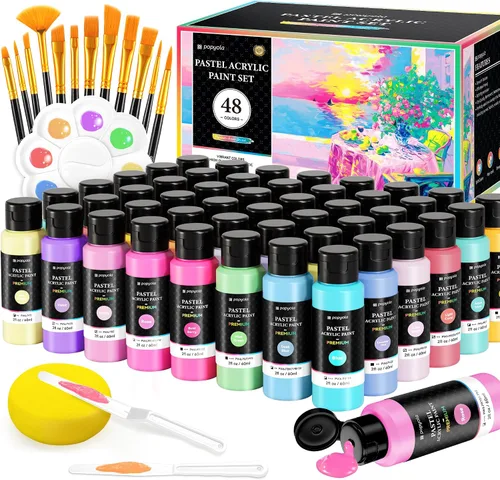 Miniatura 15 de Juego de 64 pinturas acrílicas con 12 pinceles, 2 cuchillos y paleta, 48 colores (2oz/60ml) Pintura artesanal para adultos, niños, artistas