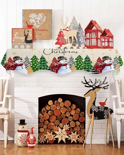 Miniatura 8 de Daleng Bufanda de repisa de camión de Navidad con muñeco de nieve para chimenea, 60 x 17 pulgadas, árbol de Navidad, copos de nieve, ciervos, verde