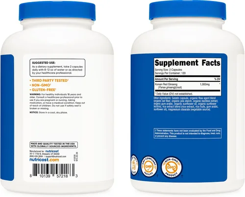 Miniatura 5 de Nutricost Ginseng coreano 500 mg, 240 cápsulas (2 botellas) – 1000 mg Tamaño de porción extra fuerte – Sin gluten y sin OMG