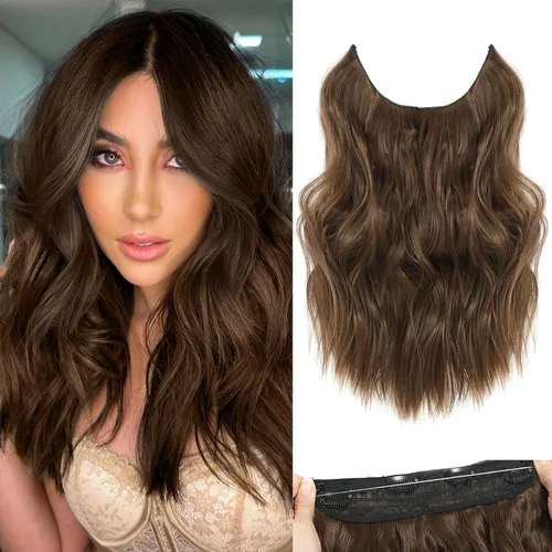 Miniatura 19 de Extensiones de cabello con halo de 12 pulgadas con alambre invisible, cabello largo ondulado ajustable, sintético, mejora con 4 clips de seguridad