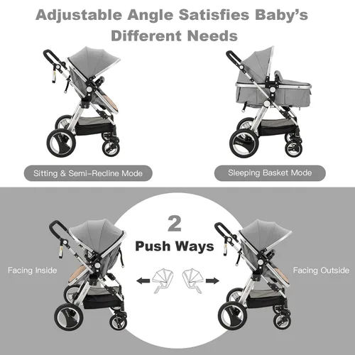 Miniatura 3 de BABY JOY Cochecito de bebé, cochecito reclinable convertible 2 en 1, cochecito plegable con arnés de 5 puntos, incluye soporte para tazas, funda Gris