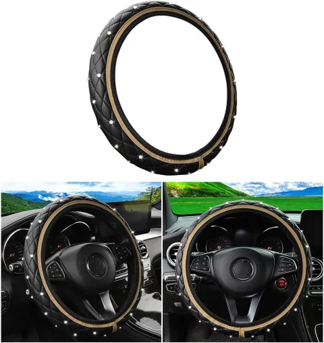 Miniatura 6 de Funda de volante de coche brillante, protector de volante elástico de cuero antideslizante, accesorios de decoración de vehículo con diamantes