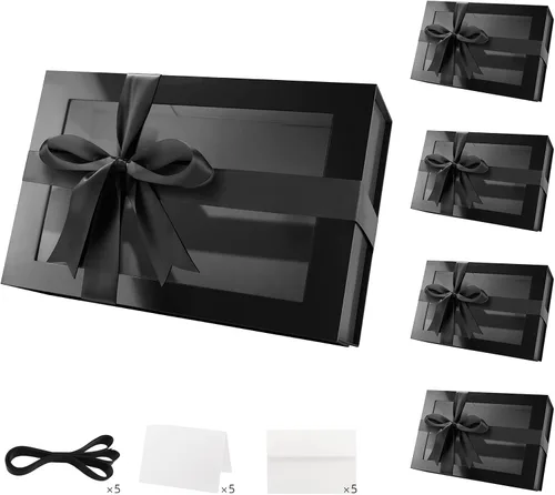 PACKQUEEN 5 cajas de regalo negras grandes con ventanas, 13.5 x 9 x 4.1 pulgadas, cajas de regalo con ventanas transparentes para regalos que