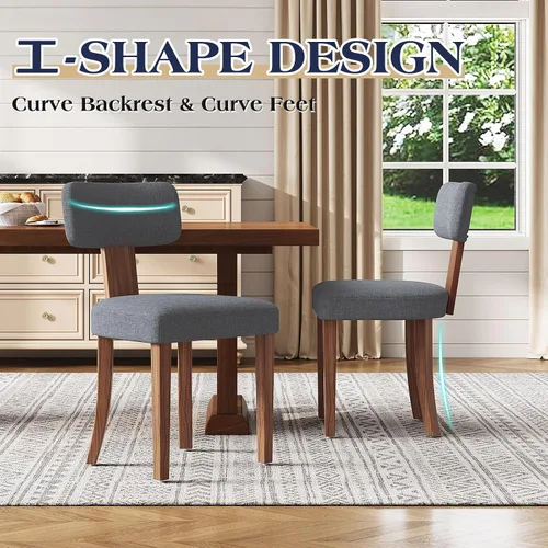 Miniatura 3 de LUXOAK Juego de 2 sillas de comedor modernas de mediados de siglo, sillas de cocina tapizadas de lino con respaldo curvado y patas ajustables