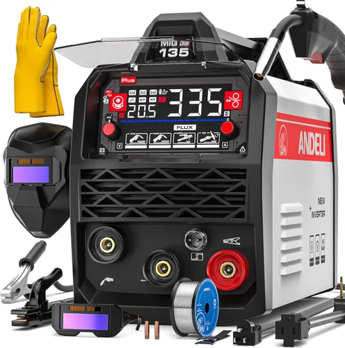 ANDELI Soldador MIG 135A 110V/220V, PULSE Flux Core MIG/Lift Tig/Stick Máquina de soldadura MIG sin gas 3 en 1 con sinergia, pantalla LED grande,