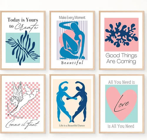 Arte estético de pared de Matisse en tonos pastel, póster danés rosa y azul, decoración de pared inspiradora para mujeres, adolescentes y niñas,