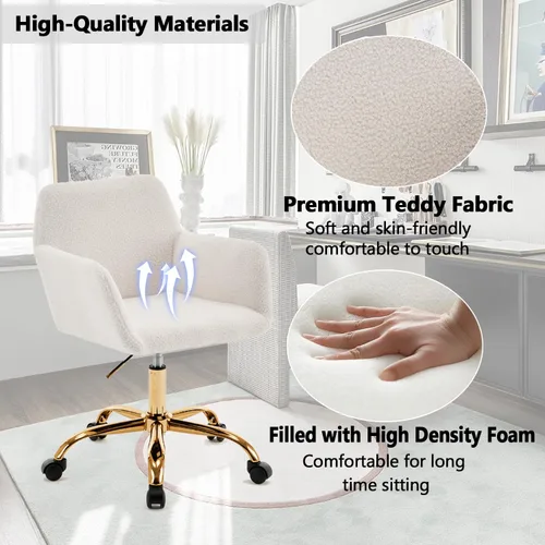 Miniatura 5 de Silla moderna de peluche para oficina en casa, bonita silla de escritorio tapizada con patas de metal dorado, silla giratoria ajustable con ruedas