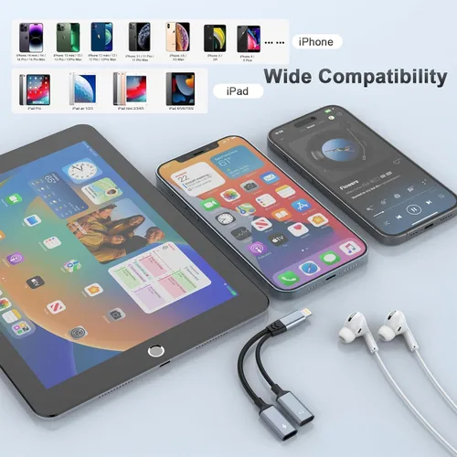 Miniatura 4 de Adaptador divisor de corriente 2 en 1 para iPhone a conector Lightning dual para auriculares y cargador de audio, videollamada, música, carga, HiFi